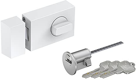 BASI | Türzusatzschloss mit Außenzylinder im SET | Drehknauf innen | Zylinder mit Wendeschlüssel | massiver Riegel | Zusatzsicherung für Haus- und Wohnungstüren | Dornmaß 70 mm | Eckig