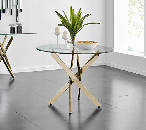 Furniturebox UK Novara Round Glass Dining Table – Modern 4 Seater Dining with Gold Chrome Legs – Elegant Contemporary Dining Room or Kitchen Table (Dining Table Only)