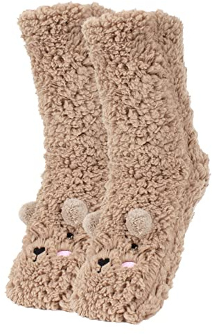 MilyaDE Women's Stopper Socks Cuddly Socks Girls Cute Bear Winter Fluffy Thick House Socks, A brown, One Size