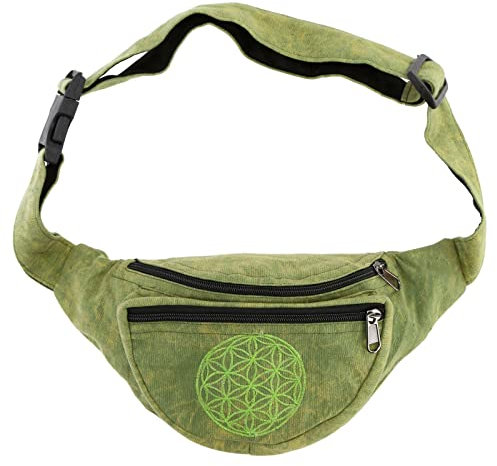 Kunst und Magie Bauchtasche Bunte Boho Goa Crossbody Schulter Gürteltasche Hüfttasche Stonewashed Unisex Lebensblume, Farbe:Grün