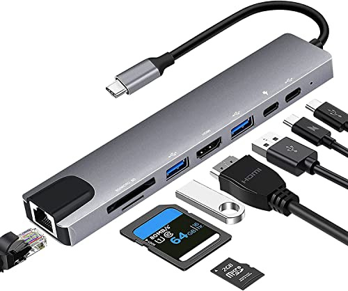 Adattatore USB C Hub Ethernet, 8 in 1, adattatore USB-C con HDMI 4K 30Hz, LAN RJ45, 100 W PD, SD/Micro SD, USB 3.0/2.0, per MacBook Pro/Air M1, iPad Pro/Air, Surface Pro 8 Docking Station