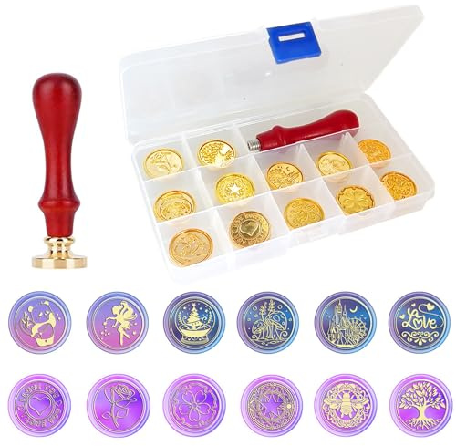 Wax Seal Stamp,12 PCS Wax Stamps Set with Removable Wooden Handle,Vintage Sealing Wax Stamp Heads,Wax Stamp Seal Kit for Wedding Christmas Envelopes Invitations Gift Cards Decoration