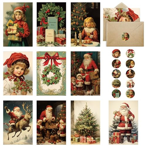 Weihnachtskarten mit Umschlag Set 20 Stück Vintage Nostalgisch Weihnachtskarten Set, A5 Christmas Cards Kleine Weihnachtskarten Weihnachtspostkarten, Lustige Weihnachtskarten für Familie Freunde