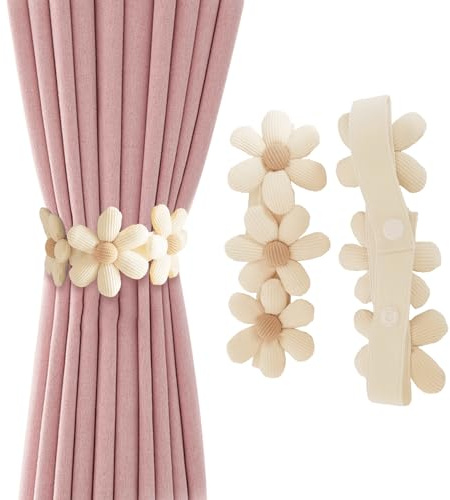 Zakrafo 2 Pcs Flower Curtain Tiebacks Simplicity Curtain Ties with Buttons,Decorative Curtain Tie Backs for Curtains Bedroom Window (Beige)