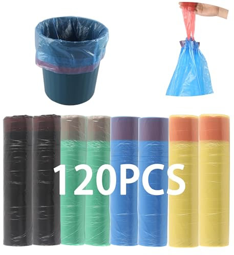 huruirui Bolsa Basura con Cordón Bolsas de Basura | 8Rollos | 120pcs | Basura Cocina para Cocina, Baño, Dormitorio y Oficina (Negro Azul Amarillo Verde 15-20L)