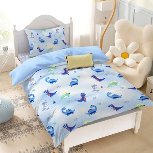 Yasida Copripiumino 120 x 150 Dinosauro Parure letto per bambini blu, copripiumino in microfibra, per ragazzi e ragazze, 1 persona, con set da letto 120 x 150 cm + 1 federa 40 x 60 cm, decorazione per