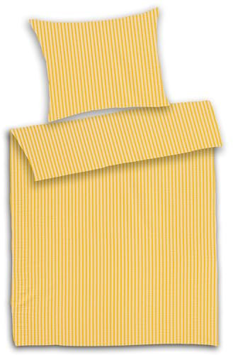 Hans-Textil-Shop Seersucker Bettwäsche Streifen Baumwolle Reißverschluss - Gestreift, Sommerbettwäsche, Bettbezug, Bügelfrei, Bettbezug, Privat, Hotel, Pension, Unterkunft (Gelb, 135x200 + 80x80 cm)
