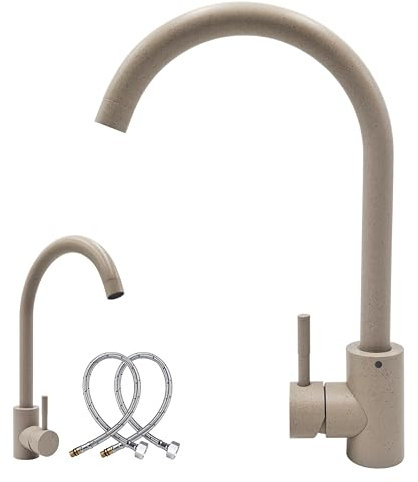 MAKA Rubinetto Lavello Cucina Avena, in Acciaio Inox - Girevole a 360° - Miscelatore Cucina con Accessori per Montaggio, Miscelatore Monocomando Beige Opaco, Rubinetto con Flessibili (Canna Alta)