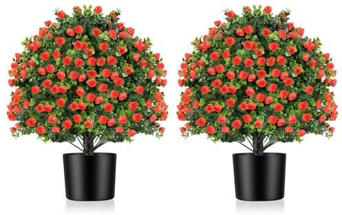 Goplus 21.5’’ Artificial Rose Topiary Ball Tree, Set of 2 Faux Potted Plants Artificial Shrubs Bushes with Flowers, Fake Evergreen Artificial Topiary for Indoor Outdoor Home Front Porch Decor