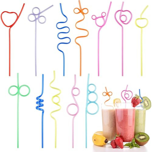 24 Pailles Réutilisables Spirales Colorées en Plastique PET Paille Spirale Fantaisie pour Anniversaire Mariage Fête Cocktail École Maison Pique-Nique Décoration Gobelets Enfants Été