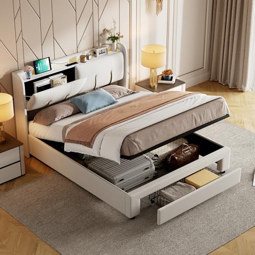 BPKADHY Cama Doble 140 x 200 cm con Cabecero LED, Carga USB, Almacenamiento Hidráulico y Somier, Tapizada en Terciopelo Beige