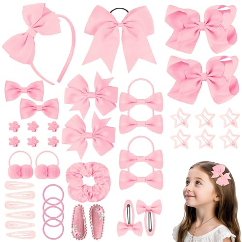 LOPHE 77Pcs Pink Girls School Hair Accessories Kit, Hair Bows Elastic Headbands Hair Clips, Cheer Bows Ponytail Holder Hair Barrettes, Hair Accessories for Girls Christmas Birthday Gift