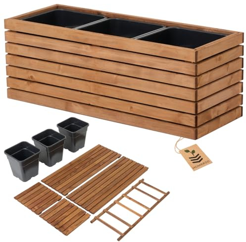 Blumenkasten de madera marrón para montar - Macetero rectangular grande para jardín y balcón - resistente a la intemperie con bandeja de 18L para plantas - Macetero DIY para exteriores