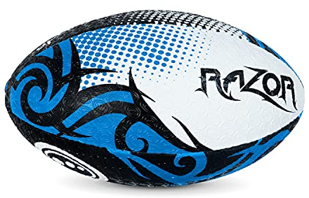 Optimum Razor Rugby Ball - Perfect for Training & Gameplay, Great Flight & Air Retention, Rubber Dimpled Surface for Grip, 2-Ply 410g - Black/Blue,Size Midi