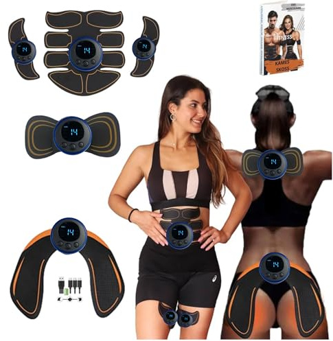 Electrostimulateur musculaire haute gamme | ceinture abdominale electrostimulation - KIT EMS complet : Abdos + Electrodes Fessiers, Bras, Cou/Nuque, 8 Modes,14 niveaux- Appareil Fitness rechargeable