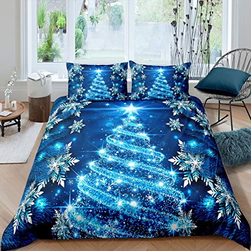 Loussiesd Girls Christmas Tree Duvet Cover Blue Xmas Theme Bedding Set Chic Winter Snowflake Comforter Cover for Girls Daughter Bedroom Decor Girly Glitter Bedspread Cover King 3Pcs