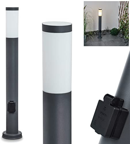 Außenwegeleuchte Sessa mit Steckdose, moderne Sockelleuchte aus Metall/Kunststoff in Anthrazit/Weiß, Wegeleuchte 80 cm, Gartenlampe m. E27, Gartenbeleuchtung IP44, ohne Leuchtmittel