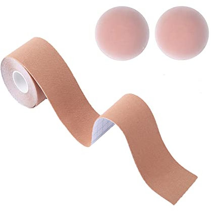 Kibon Boob Tape, Bob Tape, Breathable Bob Tape with 2pcs Reusable Nipple Covers Pink
