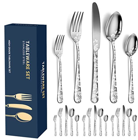 XIAOYU 20-Piece Flatware Set, Stainless Steel Silverware Cutlery Set for 4, Unique Pattern Design, Includes Dinner Knives/Forks/Spoons, Dishwasher Safe, Silver
