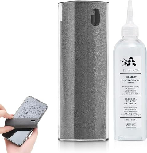 Perfekto24 Bildschirmreiniger Nachfüllflasche - Reinigungslösung für 2in1 Bildschirmreiniger - Smartphone Bildschirm Reinigungslösung - Nachfüllflasche (250ml) (Grau)