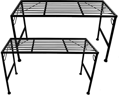 PrimoLiving Metall Blumentreppe 2-teilig schwarz - Klappbare 2-stufige Blumenbank Metall-Bank Blumenregal Outdoor Indoor Pflanzenständer Zwei Teile Pflanzenregal für Balkon Terrasse Garten P-14936