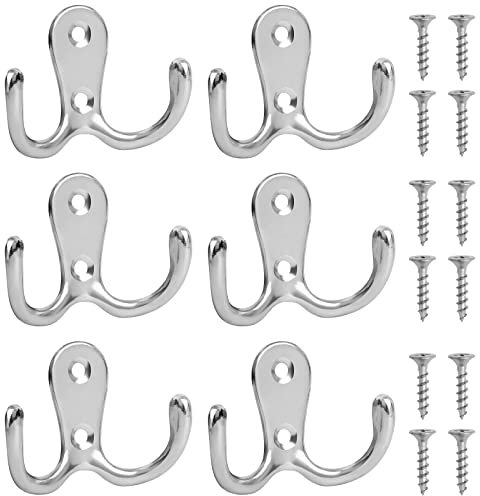 LFBEST 6 Pcs Door Hooks, Dual Coat Wall Mounted With 12 Screws, Double Prong Robe for Hanging, Heavy Duty Metal Clothes Towel for Kitchen Bedroom Wall Bathroom (Sliver)