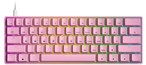 GK61 Teclado mecánico para juegos – 61 teclas multicolor RGB iluminado LED retroiluminado con cable programable para PC/Mac Gamer (Gateron mecánico amarillo, prisma rosa)