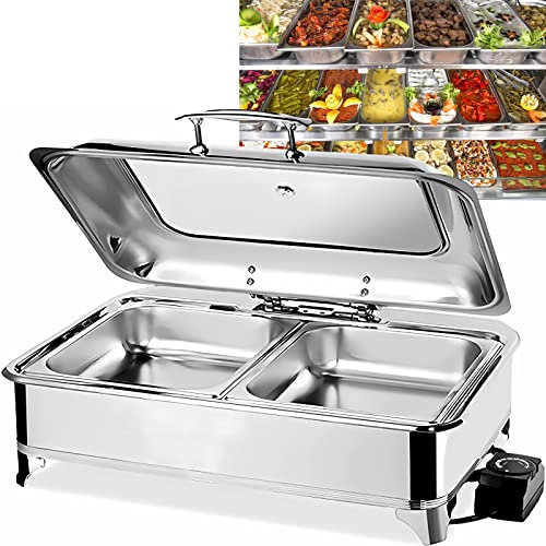 RSHJD Chafing Dish Elettrico 9L Scaldavivande Professionale per Buffet, Chafing Dish in Acciaio Inox con on Coperchio in Vetro Trasparente per Buffet, Feste e Banchetti, Temperatura Regolabile