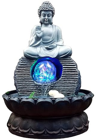 Uziqueif Fontaine de Statue de Bouddha en Résine avec Lotus, Fontaine d'eau de Table d'intérieur Humidificateur - Fengshui Décoration pour Bureau, Maison, Jardin et Terrasse,Gris,Buddha D