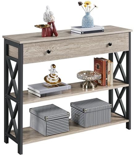 Yaheetech Table Console à 3 Niveaux Table d'entrée en Bois avec 1 Grand Tiroir et 2 Étagères Bout de Canapé Polyvalente Cuisine Chambre Couloir Gris