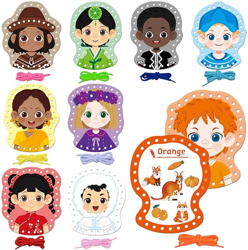 9 pezzi di carte da infilare con faccine felici, 9 carte da cucito a doppia faccia con 9 lacci colorati, giochi educativi e di apprendimento, giocattoli da infilare per bambini in età prescolare.