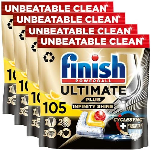 Finish Dishwasher Tablet, Ultimate Plus Infinity Shine, 420 Tabs (105 x 4pck), Lemon Sparkle, Tough on Grease, Our Most Intensive Clean & Shine, Effective for Short Eco Cycle
