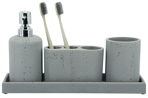 ZCCZ Set di 4 accessori da bagno bianco e nero con dispenser di sapone, porta spazzolino da denti, bicchiere da bagno e vassoio da toeletta, organizer decorativo per bancone