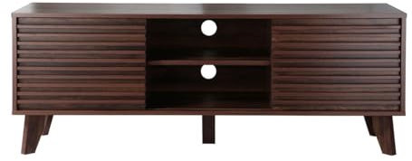 Calicosy - Meuble TV 2 Portes Coulissantes - Décor Bois Noyer - Panneaux De Particules - Portes Effet Bois Lamé - 5 Pieds - Salon Ou Chambre - Style Exotique - L 140 x P 39 x H 51,5 cm