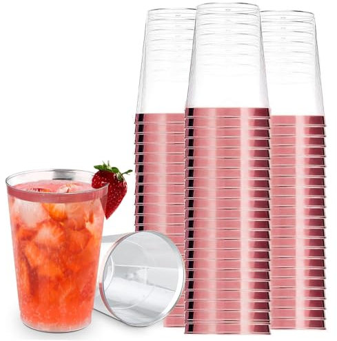 YWKJDDM Lot de 30 gobelets en plastique transparent avec bord doré rose élégant - 355 ml - Pour champagne, bière, cocktail, martini, soda, dessert