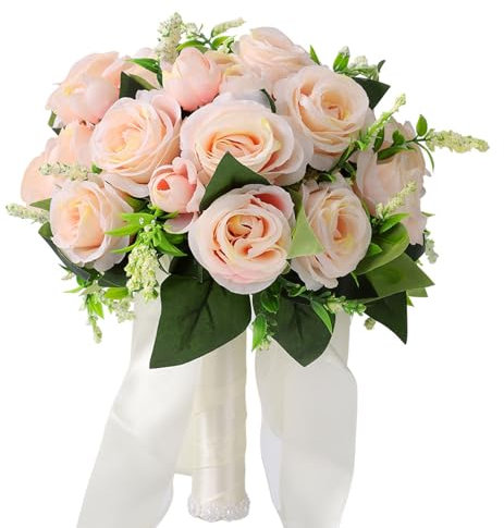 Xusxes Perlen Brautstrauss Hochzeit Blumenstrauß Brautstrauss Blumenstrauß Hochzeit Künstlich Blume Champagner Gefälschte Rose Braut Bouquet Hochzeitsstrauß mit Blumen