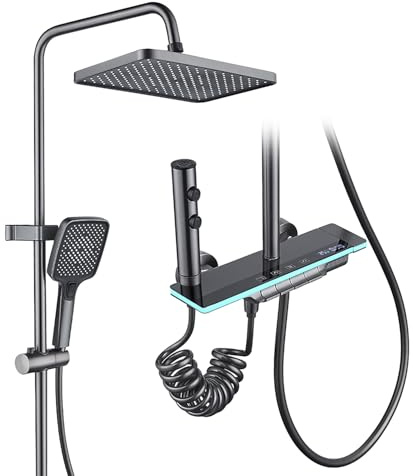 HAOMIAO Soffione Doccia con Display Temperatura LED, 4 Modalità Getto - Anticalcare, Alta Pressione, Ottone Massiccio e Scaffale Integrato (grigio)