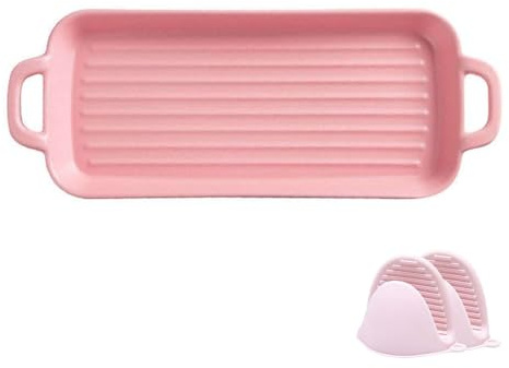 Rektangulära bakformar i enfärgade färger for ugn i keramik, grund lasagneform med handtag, bakform i porslin(Roze)