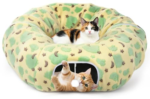 Tivray Cat Tunnels for Indoor Cats, 35'' Plush Cat Tunnel Bed with Playful Ball and Circle Cushion, Multifunctional Peekaboo Cat Cave, Interactive Toy Gift for Cats, Kittens, Rabbits, Yellow&Cloud