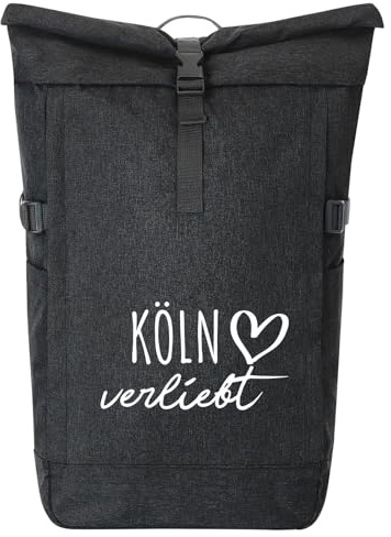 Huuraa Kurierrucksack Köln verliebt 30-44 Liter Black Melange Fairtrade Rolltop Rucksack Geschenkidee