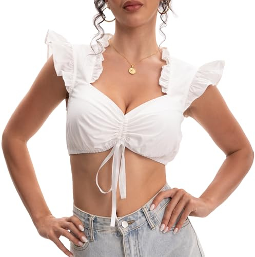 Blusa tirolesa para mujer, blusa tradicional blanca, tradicional para mujer, con cordón y mangas de solapa para el Oktoberfest, Color blanco., M