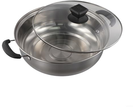 Olla multiusos de acero inoxidable con tapa de vidrio transparente y asas dobles diseñada para calentar y cocinar uniformemente ollas calientes, sopas y guisos (28 cm)