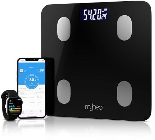 MyBEO - Digitale Bluetooth Körperfettwaage mit App – Körperanalysewaage – bis 180 kg – LCD-Anzeige – 6 mm Glas – Gewicht BMI Körperfett Muskelmasse - Personenwaage Körperwaage - schwarz