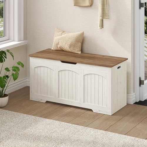 Fobyfurny Schuhbank, Sitzbank mit Stauraum, Sitztruhe mit Stabil Scharnier und Aushöhlen seitlichen Griffen, für Flur, Schlafzimmer, Wohnzimmer, 100 x 40 x 48 cm, Weiß und Braun FFXD103PWR1