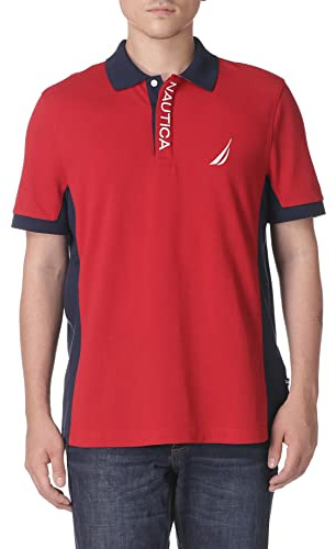 Nautica Short Sleeve Color Block Performance Pique Polo Shirt Camisa Rojo, M para Hombre