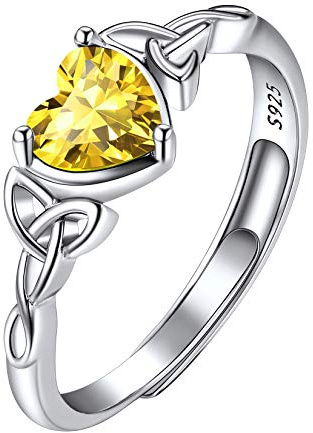 Suplight 925 Sterling Silver Rings November Birthstone Jewellery Citrine Crystal Heart Shaped Adjustable Celtic Knot Solitaire Promise Engagement Ring for Women