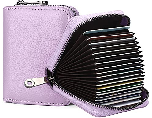 Goopai RFID 20 Card Slots Credit Card Holder Genuine Leather Accordion Card Case Small Wallet for Women or Men with Zipper (Lavender)