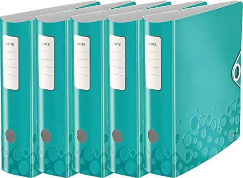 Leitz Active WOW Ordner 180°, A4, Abgerundeter Rücken 8,2 cm Rückenbreite, Gummibandverschluss, leichtes Polyschaum, 80 mm, 5er Pack, blau
