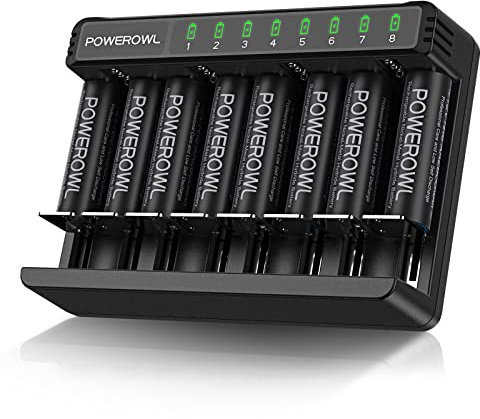 POWEROWL 8 Stück AA Akku mit Ladegerät, AA Akku Batterieladegerät für AA AAA C D Akkus, Typ C, Micro USB Schnellladung