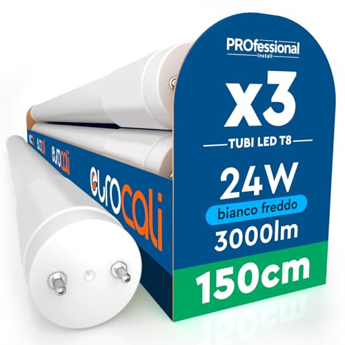 3 Tubi LED 24W 150cm T8 G13 SMD con Starter 3000 Lumen Garanzia 3 Anni - Luce Fredda 6500K - Alta Luminosità 125 lm/W - Materiale Nano Plastic Sostituzione Neon per Soffitto Garage Negozio